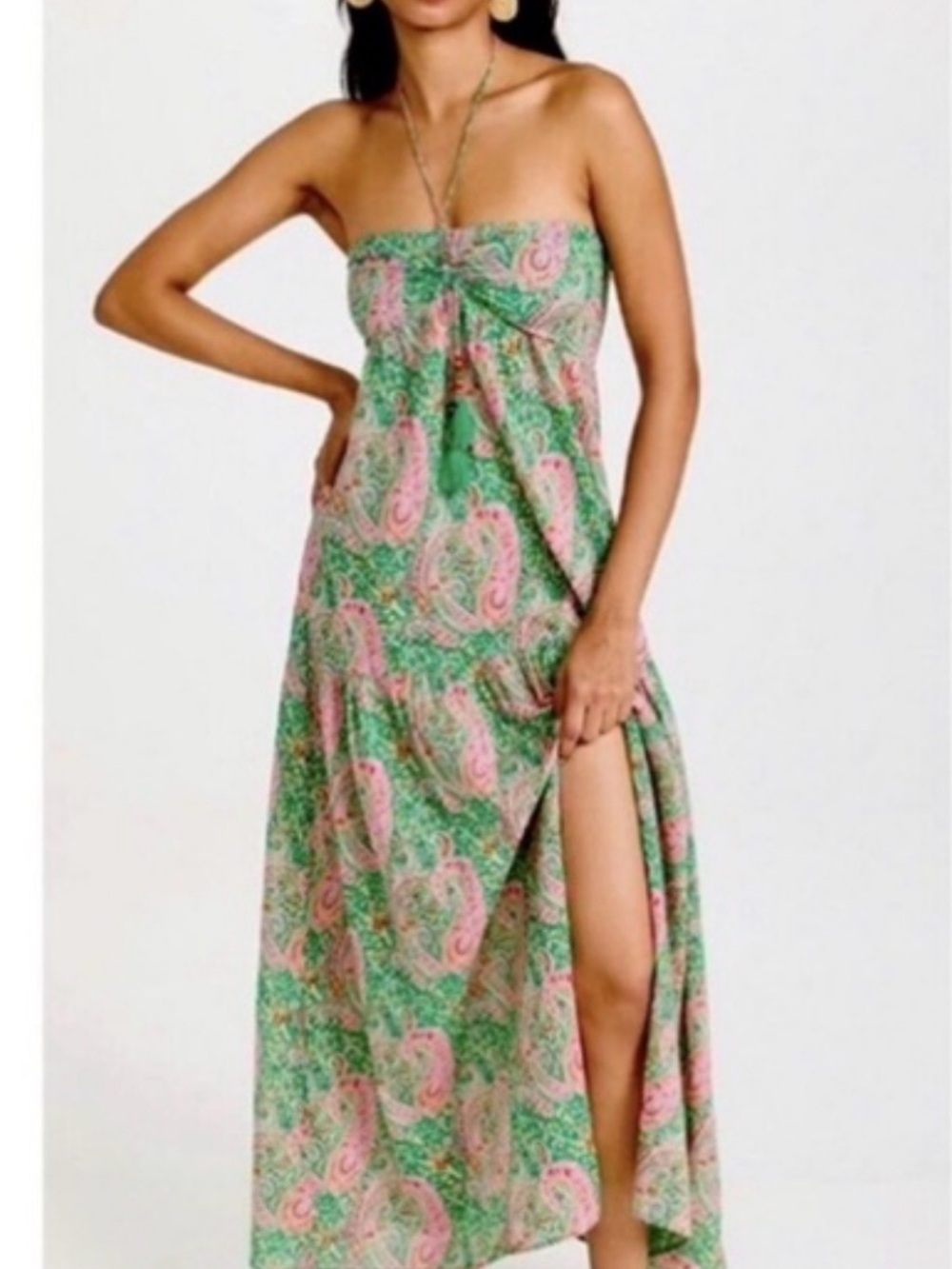 BA&SH
Omy Paisley Strapless Cotton Maxi Dress In Green